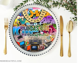 EDITABLE Hip Hop Charger Plate Insert  | Throwback Birthday Party | 90s baby| 80s baby|90s kid| Hip Hop | Corjl Digital Download | H001