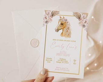 EDITIERBARE Cowgirl-Geburtstagsparty-Einladung in Blush Pink, Boho-Blumenmuster, Pferd, Sattelpferd, Party-Einladung, Derby-Mädchen-Babyparty, H24