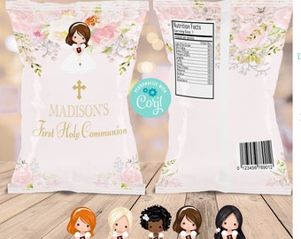 Étiquette de puce de première communion modifiable | Chips | Faveur | Invitation| Fleuri | Rose poudré | Baptême | Saint | Croix HC33 |