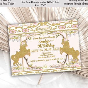 May include: Pink and gold printable invitation for a 5th birthday party with a carousel theme. The invitation features a gold glitter horse and floral accents. The text on the invitation reads "Please Join Us to Celebrate Emsely's 5th Birthday Saturday 05.20.20 2:00pm Clubhouse 123 Main Street Charlotte, NC 21021 RSVP to Martha by May 15 at 203-111-1111"
