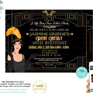 EDITIERBARE DATEI | Art Deco Große Gatsby Invite | Gatsby Themen | Kasino Thema | Geburtstagseinladung | Großer Gatsby | Flapper | Gatsby Invite