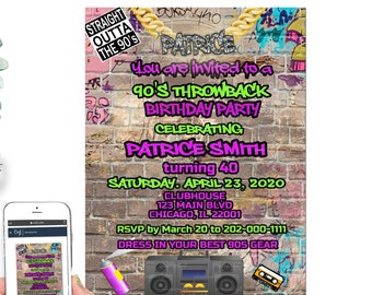 BEWERKBARE Hip Hop Throwback Verjaardagsfeest Uitnodiging | Jaren 90 baby, jaren 80 baby jaren 90 kind | Hip Hop Baby Shower Invite | H001