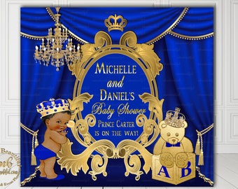 DIGITAL FILE  Royal Baby Shower Backdrop, Photoback Drop, Royal Baby Shower Decor, A Prince is On It's Way, Royal Blue and Gold, RB-004
