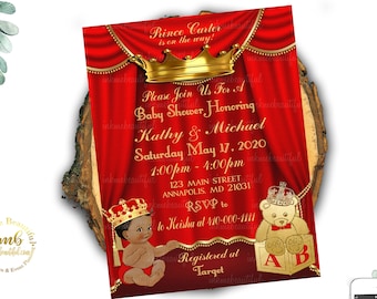 Bewerkbare Royal Prince babyshower uitnodiging, rood en goud (digitaal bestand)