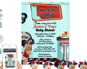 EDITABLE 50's Diner Invitation, Retro Diner Background, 1950's Drive in American Restaurant, Vintage, Red and Blue