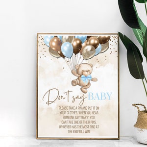 PRINTABLE Don&#39;t Say Baby Game Sign | Teddy Bear Theme | Brown and Blue | We Can Bearly Wait | Bear Baby Shower | BB07