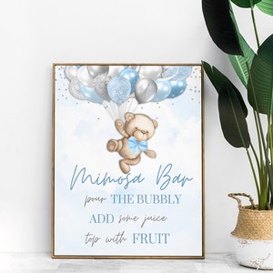 PRINTABLE Mimosa Sign | Teddy Bear Theme | Light Blue | We Can Bearly Wait | Bear Baby Shower | BB05