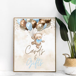 PRINTABLE Cards & Gifts Sign | Teddy Bear Theme |Brown and Blue  | We Can Bearly Wait | Bear Baby Shower | BB07