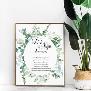 DIGITAL FILE Late Night Diapers Sign | Minimal | Eucalyptus | Greenery | Boho | Baby Shower Game | G78
