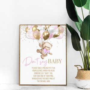 PRINTABLE Don&#39;t Say Baby Game Sign | Treat Table | Bear Theme | Pink | We Can Bearly Wait | Bear Baby Shower | Bearly Wait | BB06