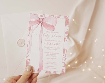 EDITABLE Pink Bow Invitation for Baby Shower Minimalist Baby Shower Pink Watercolor Ribbon Chinoiserie Pink Birthday Digital Template PB3