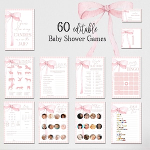 EDITABLE Pink Gingham Baby Shower Games Bundle, Minimalist Baby Shower Pink Watercolor Ribbon Blush Pink 60 Game Pack Digital Template PB4