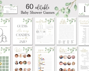 EDITABLE Eucalyptus Baby Shower Game Bundle Greenery Shower Gender Nuetral Baby Shower Games Pack 60 Games Pack Game Template E74