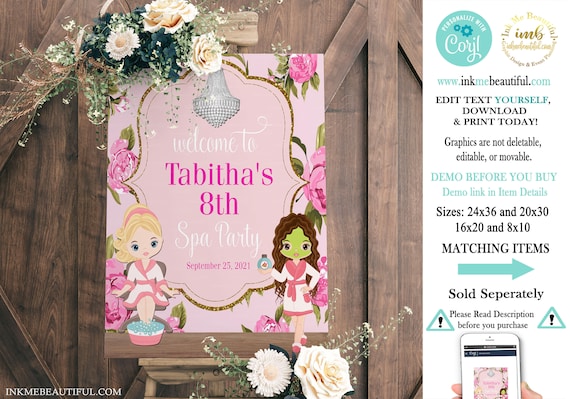 EDITABLE Spa Welcome Sign, Birthday Party Sign, Spa Theme, Door Tag Pamper Party Birthday Party, SP-068 Il_570xn