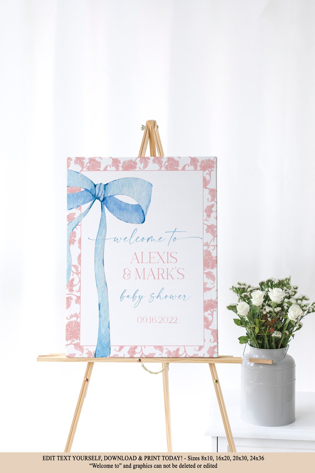 EDITABLE Blue Bow Welcome Sign for Baby Shower Pink Chinoiserie Baby ...