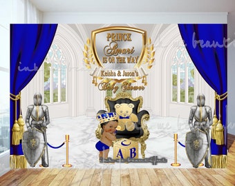 DIGITAL FILE  Royal Baby Shower Backdrop, Photoback Drop, Royal Baby Shower Decor, A Prince is On It's Way, Royal Blue and Gold, RB-004
