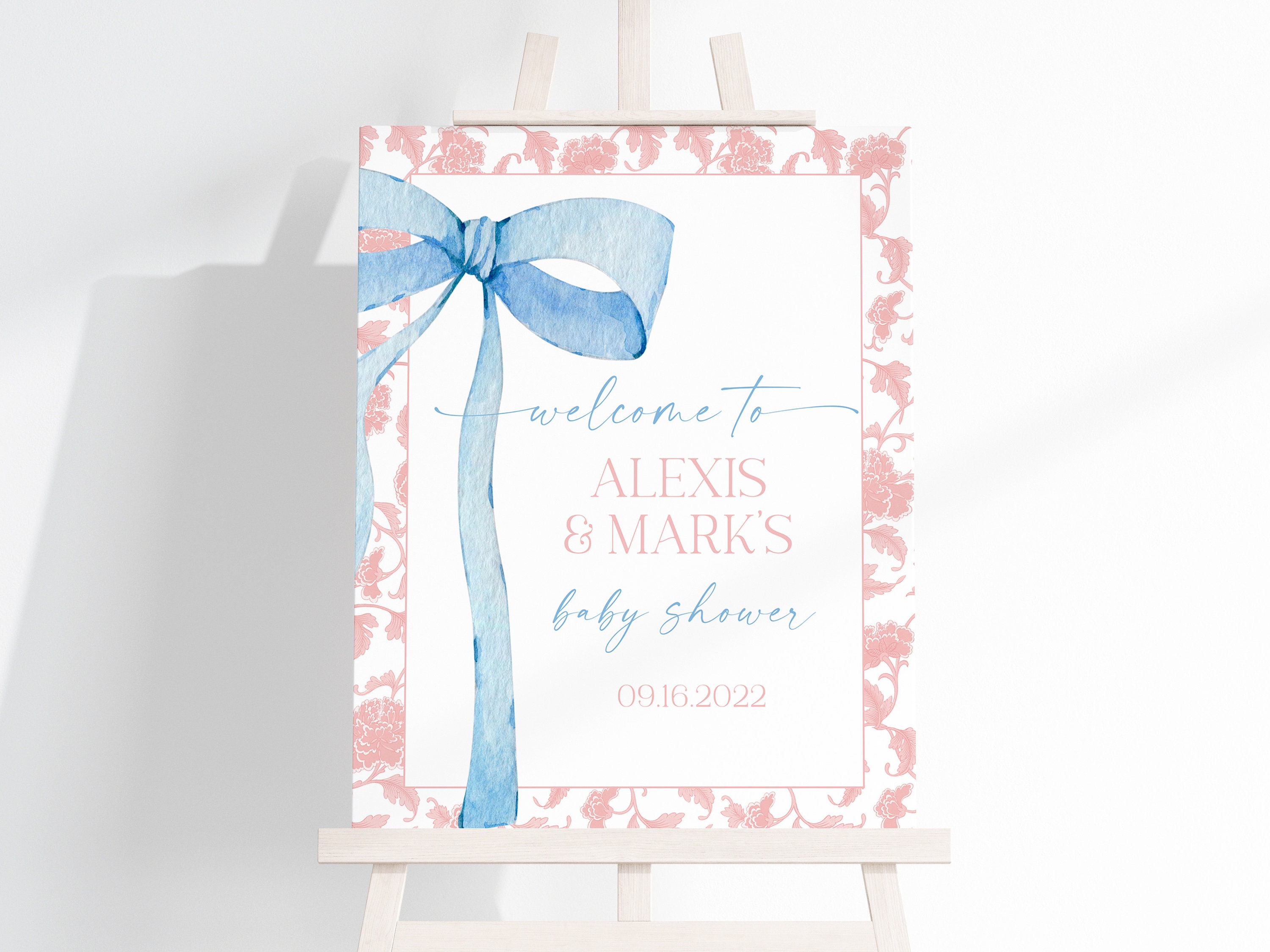 EDITABLE Blue Bow Welcome Sign for Baby Shower Pink Chinoiserie Baby ...