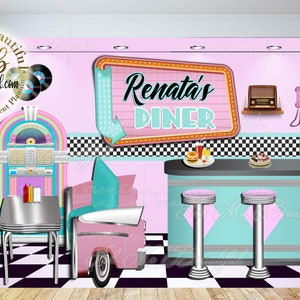 DIGITAL FILE 50's Diner Backdrop, Retro Diner Backdrop, 1950's Drive in American Restaurant, Vintage, Backdrop, Poster, Banner, Candy Table