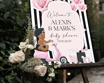 Paris Baby Shower Welcome Sign | Pink Roses, Scooter (Digital File)