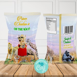 EDITABLE Prince Chip Bag |Royal Baby Shower| Corjl Digital Download| Safari Baby| Jungle Baby Shower| COA-01 COA-01