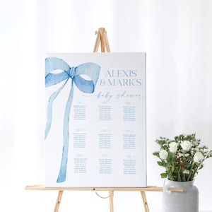 BEWERKBARE blauwe strik zitplaatsen grafiek baby shower bruids douche, minimalistisch blauw aquarel lint baby blauw 1e verjaardag digitale sjabloon BB1