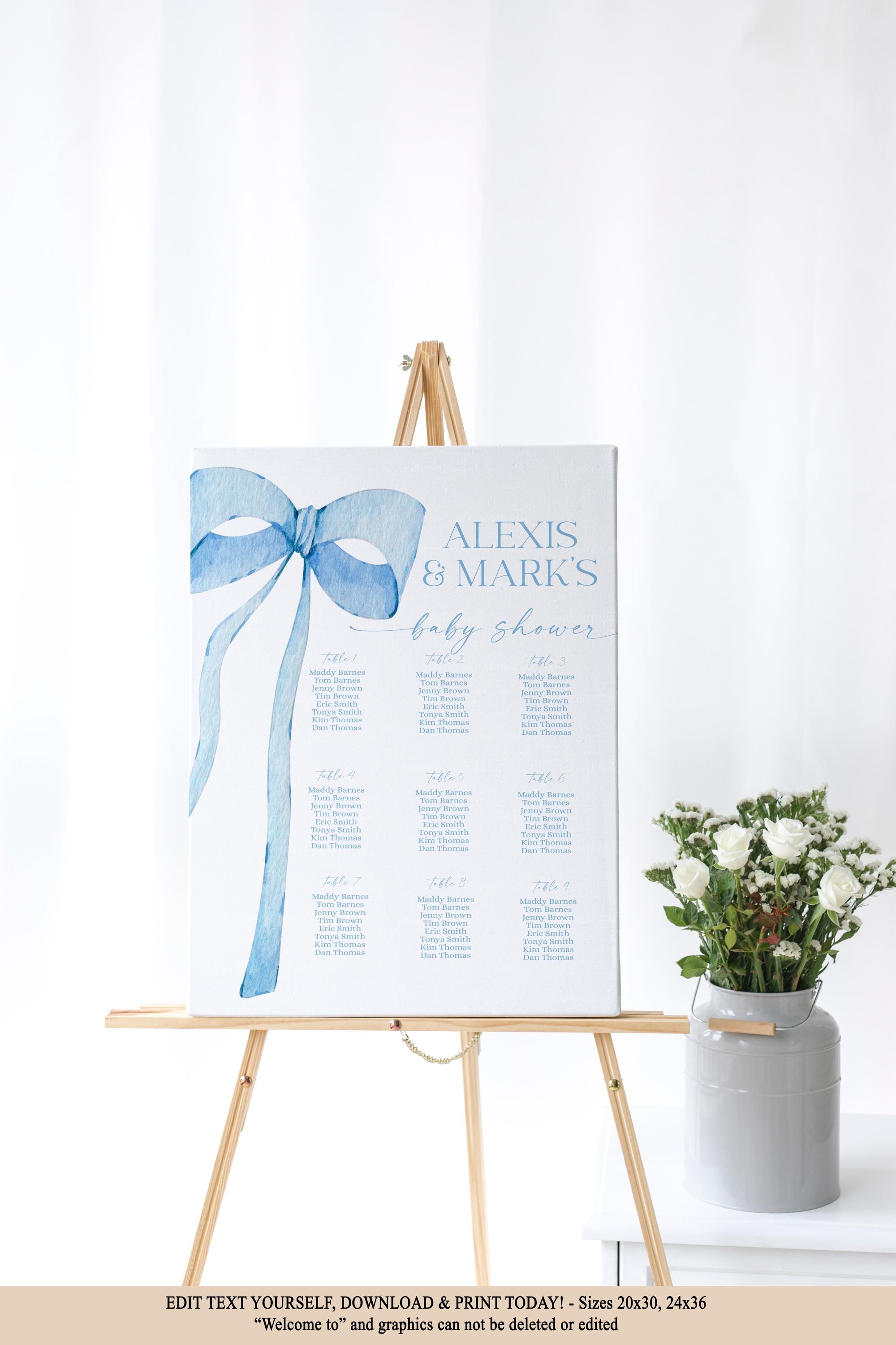 EDITABLE Blue Bow Seating Chart Baby Shower Bridal Shower, Minimalist Blue Watercolor Ribbon Baby Blue 1st Birthday Digital Template BB1