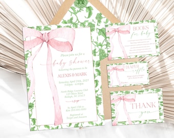 Invitación editable de chinoiserie rosa y verde para baby shower, baby shower minimalista, cinta de acuarela rosa, plantilla rosa para primer cumpleaños PG4