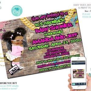 EDITABLE  Hip Hop Throwback Baby Shower Invitation | 90s baby, 80s baby 90s kid, Hip Hop Baby Shower Invite, H001