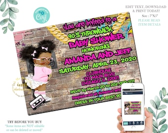 EDITABLE  Hip Hop Throwback Baby Shower Invitation | 90s baby, 80s baby 90s kid, Hip Hop Baby Shower Invite, H001