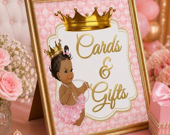 Princess Baby Shower Cards and Gifts Sign, Pink and Gold Royal Princess Table Sign, Baby Girl Shower Printable, Instant Download