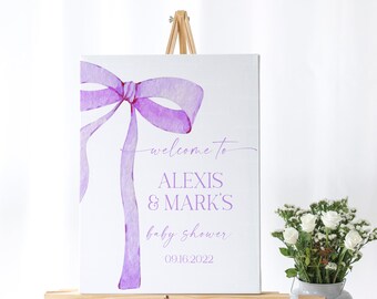 REDIGERBAR lila rosett välkomstskylt för babyshower, minimalistisk babyshower lila akvarellband 1-årsdag digital mall PB8