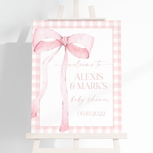 EDITABLE Pink Gingham Welcome Sign for Baby Shower, Baby Shower Pink Bow Watercolor Ribbon Blush Pink 1st Birthday Digital Template PB4