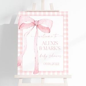 EDITABLE Pink Gingham Welcome Sign for Baby Shower, Baby Shower Pink Bow Watercolor Ribbon Blush Pink 1st Birthday Digital Template PB4