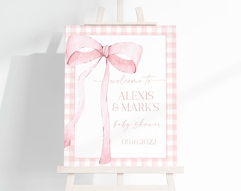 EDITABLE Pink Gingham Welcome Sign for Baby Shower, Baby Shower Pink Bow Watercolor Ribbon Blush Pink 1st Birthday Digital Template PB4
