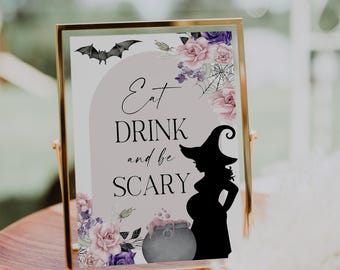 Eat, Drink and Be Scary Sign Baby is Brewing Halloween Baby Shower Witch Baby Sign Pink and Purple Gothic A Little Boo is Due PF12