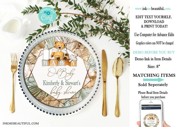 Teddy Bear Baby Shower Plate or Charger Insert | Vintage | Theme | Nuetral Shades and Green | Can Bearly Wait to Meet You | Boho | BN05 Il_570xn