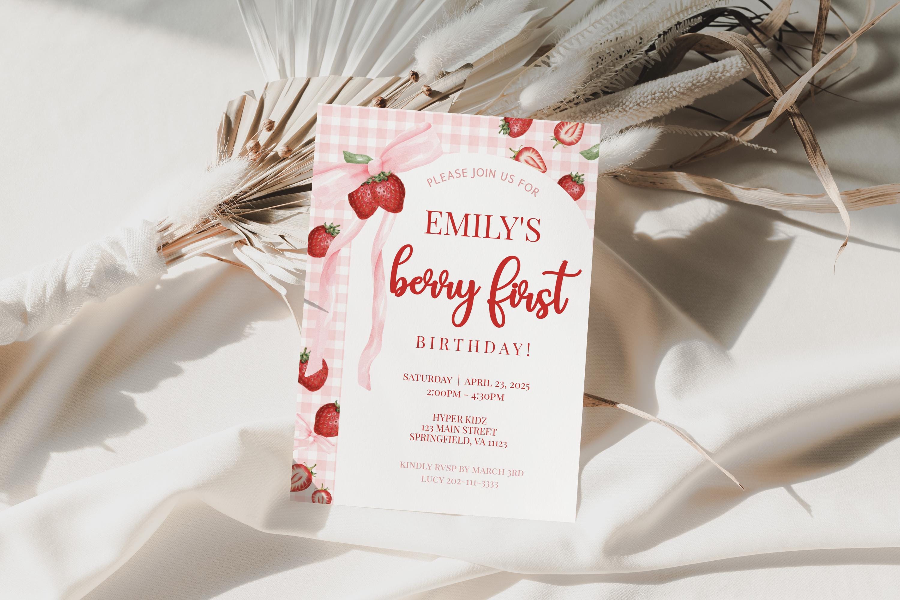 EDITABLE Berry First Birthday Invitation Pink Bow Strawberry Invitation ...