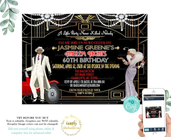 EDITABLE FILE | Harlem NIghts Invite | Gatsby Themed Wedding | Casino Theme | Birthday Invitation | Great Gatsby | Flapper | Gatsby Invite Il_570xn