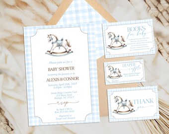 EDITABLE  Vintage Rocking Horse Invitation Bundle for Baby Shower, Minimalist Baby Shower Blue Gingham 1st Birthday Digital Template RH4