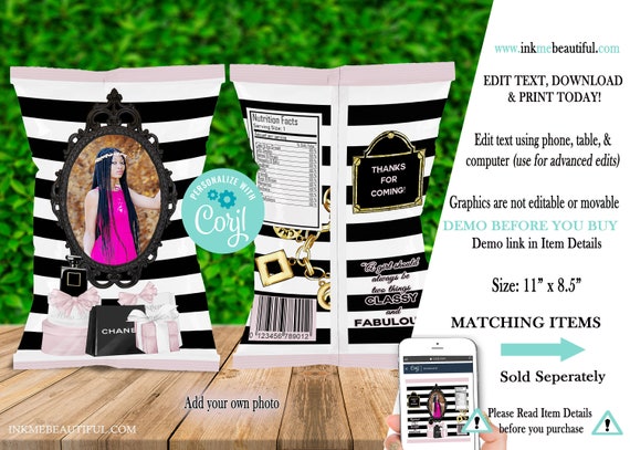 PRINTABLE Paris Theme Chip Bag, Pink, Black Stripe, Parisian Themed, Baby Shower Striped Il_570xn