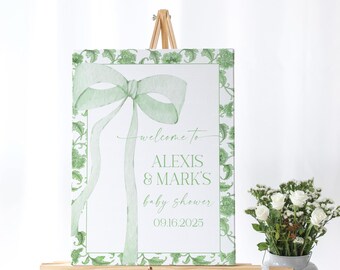 EDITABLE Sage Green Chinoiserie Bow Welcome Sign for Baby Shower, Baby Shower Green Bow Watercolor Ribbon 1st Birthday Digital Template GG1