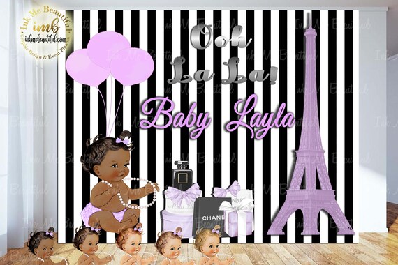 Printable Paris Theme Backdrop Purple Parisian Themed Backdrop Baby Shower Striped Back Drop Step And Repeat
