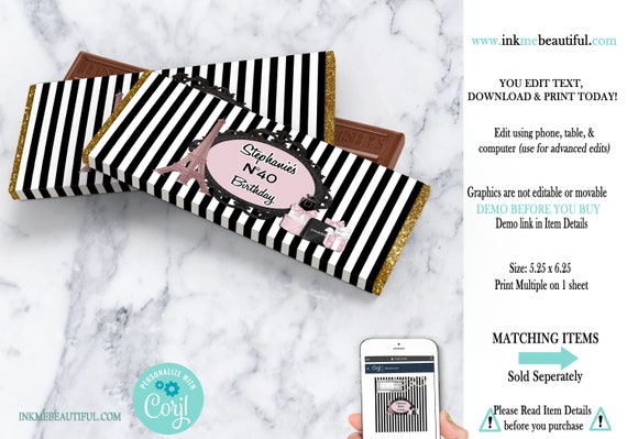 EDITABLE | Paris Theme Candy Bar Label | Birthday | Paris Theme | Baby Shower | Parisian Theme PP-023 Il_570xn