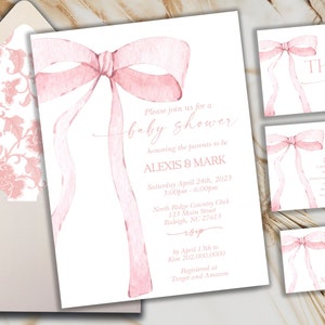 Faire-part modifiable noeud rose pour baby shower, baby shower minimaliste rose aquarelle ruban rose poudré 1er anniversaire modèle numérique PB1