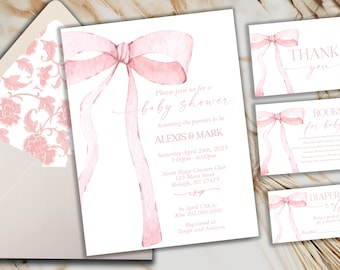 EDITABLE Pink Bow Invitation for Baby Shower, Minimalist Baby Shower Pink Watercolor Ribbon Blush Pink 1st Birthday Digital Template PB1