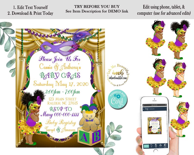 Puede incluir: Una invitaci&oacute;n para baby shower imprimible con un esquema de color morado, dorado y verde. La invitaci&oacute;n presenta a una ni&ntilde;a peque&ntilde;a con un disfraz de Mardi Gras morado y dorado. El texto de la invitaci&oacute;n dice: "Please Join Us For Cassie & Anthony's Baby Gras Saturday May 17, 2020 3:00pm - 7:00pm 123 Main Street Raleigh, NC 27615 RSVP To Mary 000-000-1111 Baby Registry Target & Amazon".