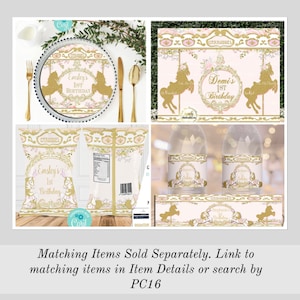 May include: A set of printable party decorations featuring a carousel theme. The decorations include a plate, a chip bag, a water bottle label, and a table runner. The decorations are pink and gold with a floral design and a carousel horse silhouette.