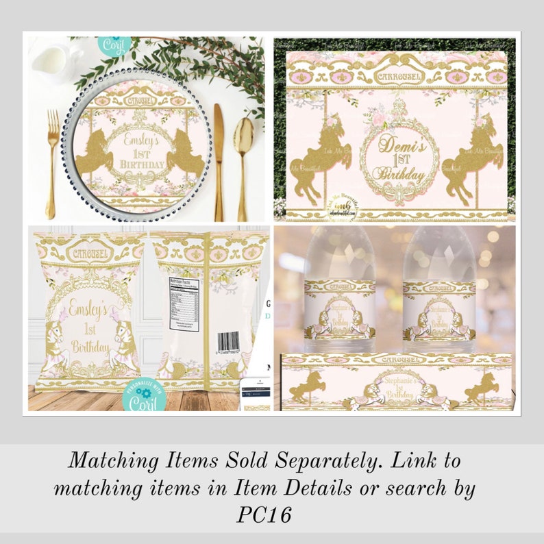 May include: A set of printable party decorations featuring a carousel theme. The decorations include a plate, a chip bag, a water bottle label, and a table runner. The decorations are pink and gold with a floral design and a carousel horse silhouette.