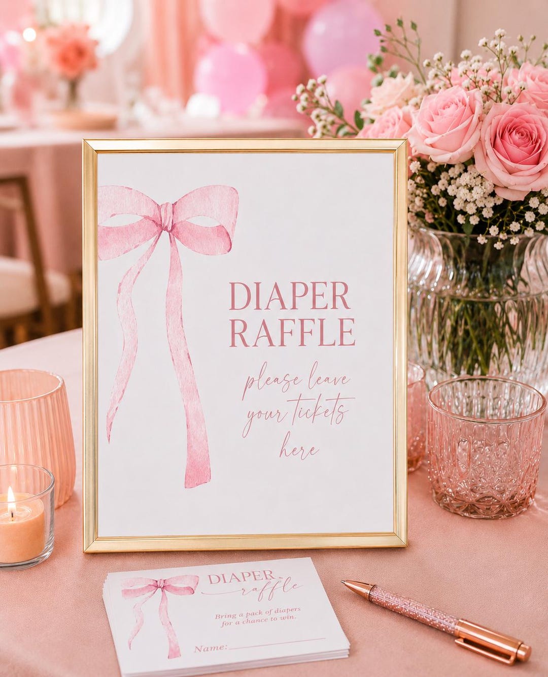Pink Ribbon G Raffle Digital File Pink Bow Diaper Raffle Sign Pink Watercolor Ribbon ...