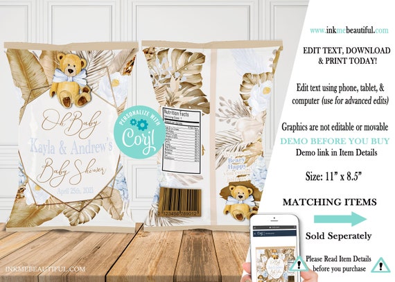 Blue Boho Teddy Bear Chip Bag Label | Vintage Baby Shower | Theme | Nuetral Shades | Can Bearly Wait| Boho Theme | Gender Neutral | BN03 Il_570xn